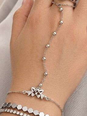 3/$40! Platinum Plated Butterfly Hand Chain Dainty Crystal Slave Bracelet